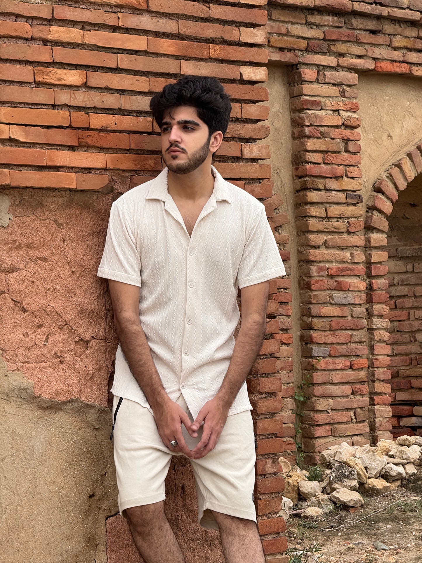 Knitted Half Sleeves Shirt - white