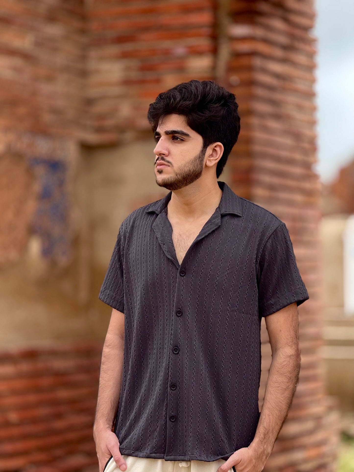 Knitted Half Sleeves Shirt - Grey