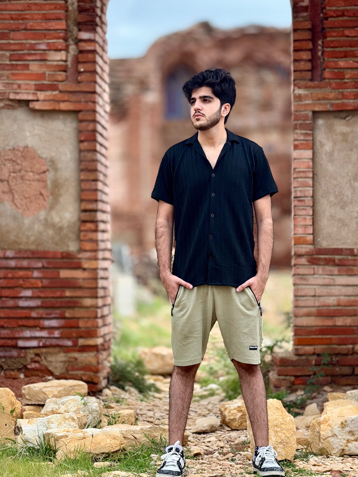 Knitted Half Sleeves Shirt - Black