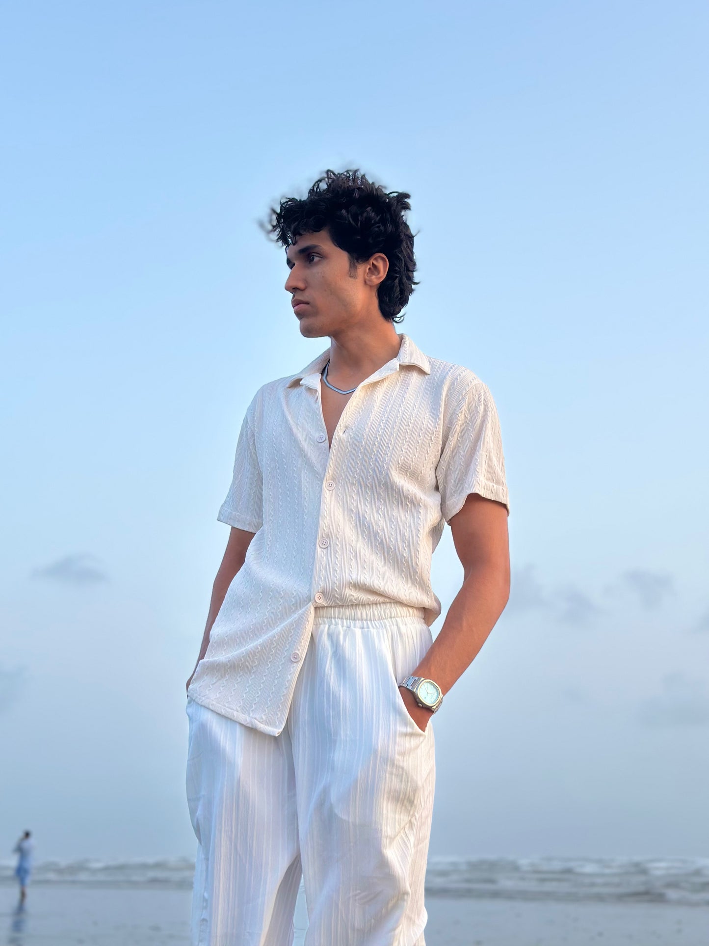 Knitted Half Sleeves Shirt - white