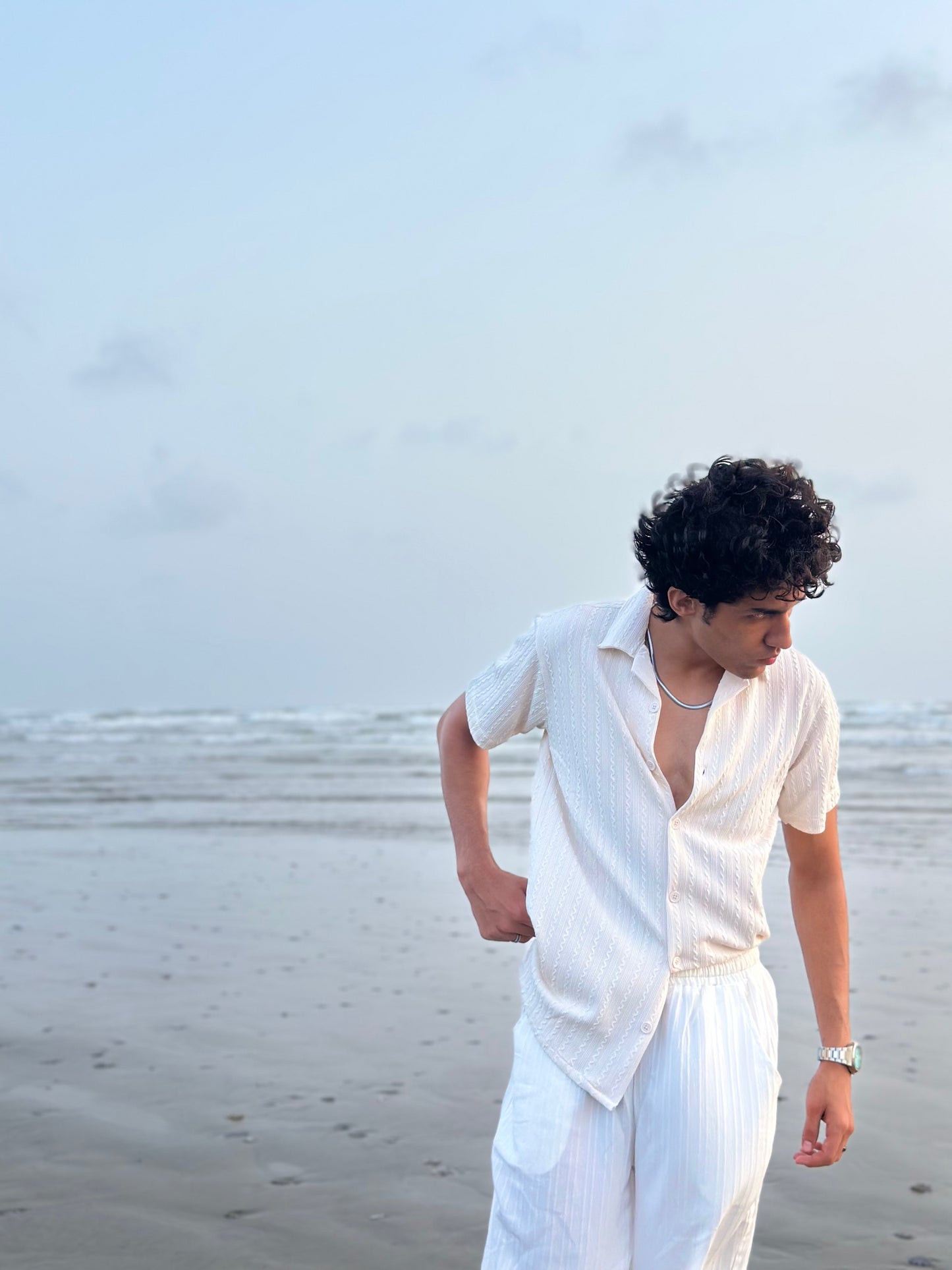 Knitted Half Sleeves Shirt - white