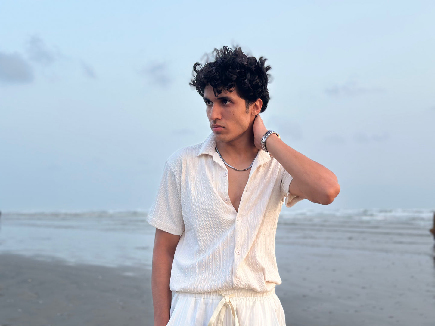 Knitted Half Sleeves Shirt - white