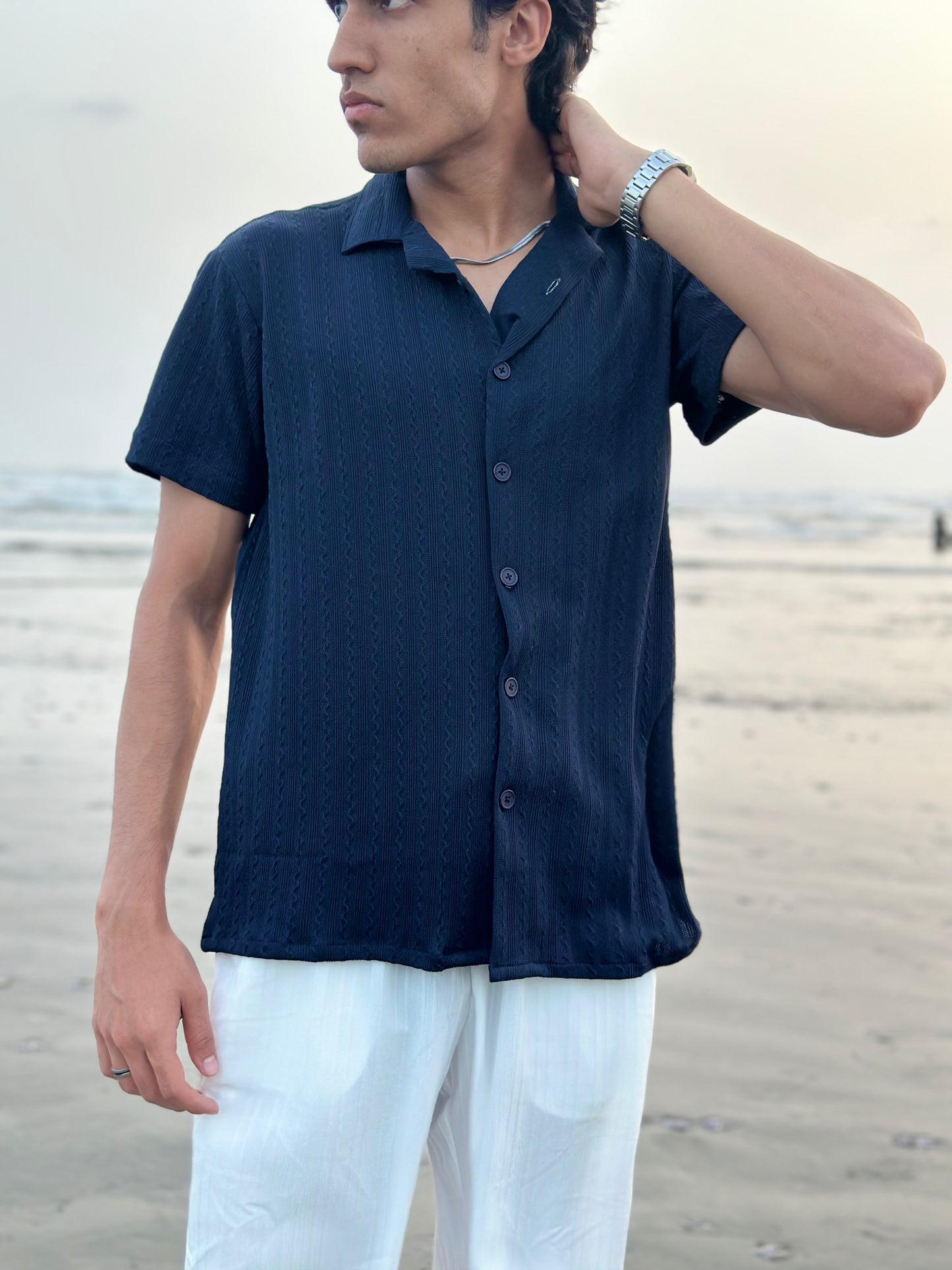 Knitted Half Sleeves Shirt - NAVY