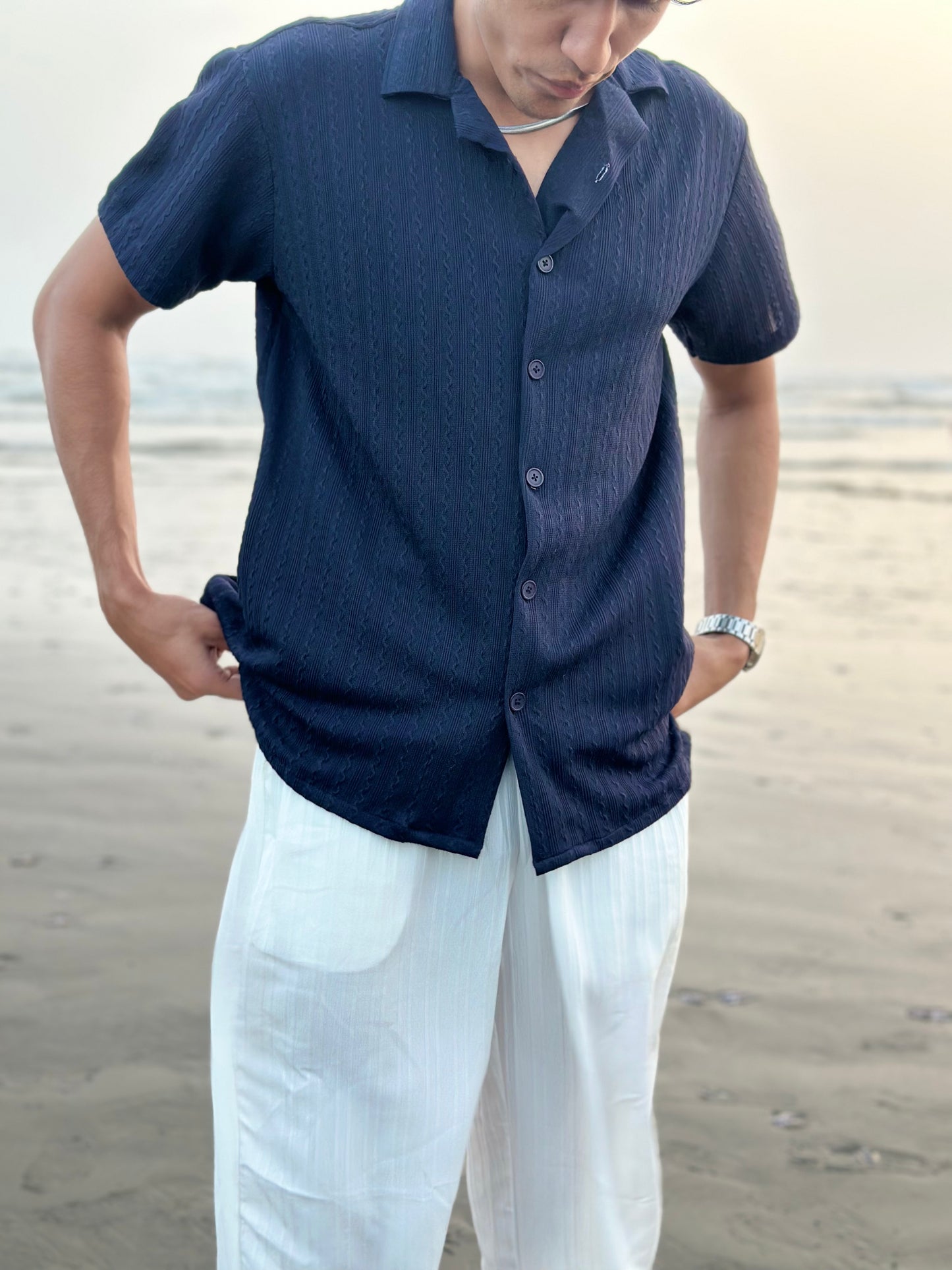 Knitted Half Sleeves Shirt - NAVY