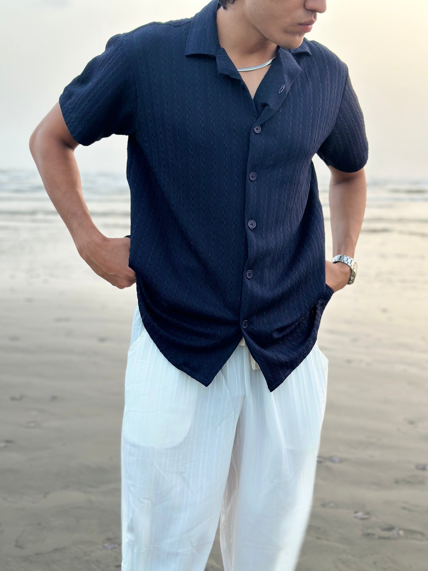 Knitted Half Sleeves Shirt - NAVY