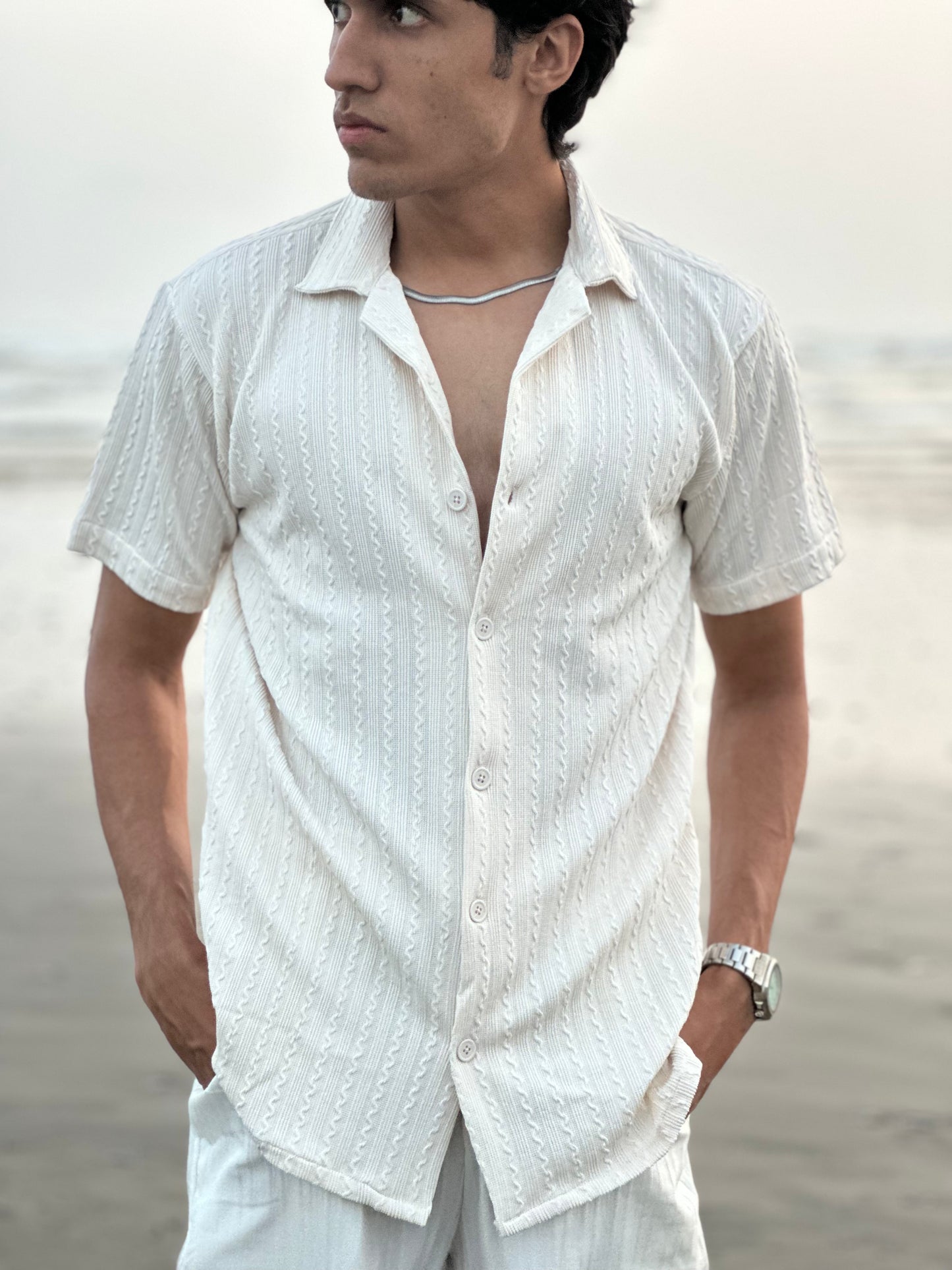 Knitted Half Sleeves Shirt - white